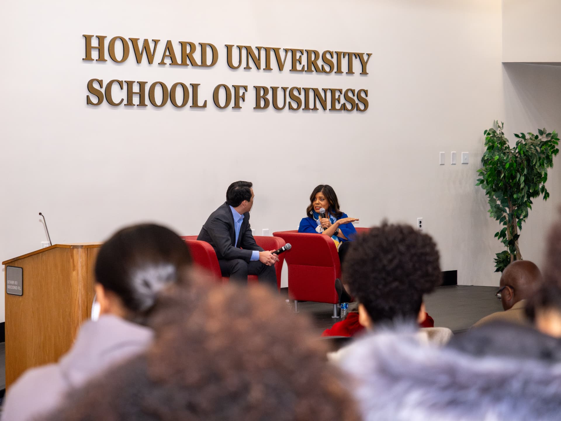 Fireside chat at the Howard University School of Business with the audience in the foreground